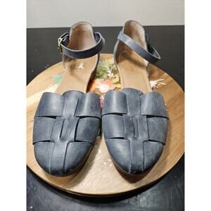 Steven Allen AUTH Leather Sandals Ankle Strap Woven Toe Charcoal Gray Sz 7.5 EUC